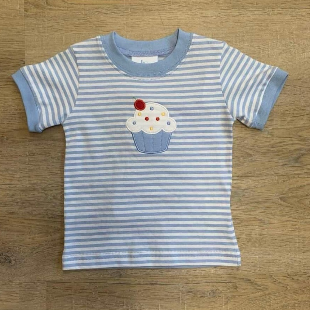 Little English Blue and White Striped Cupcake Birthday Tee